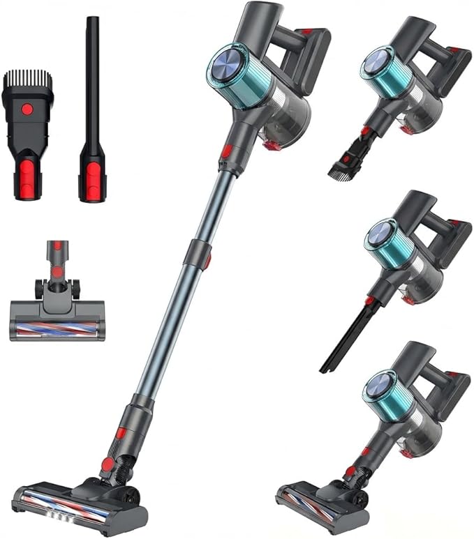 Cordless Vacuum Cleaner Stick Vacuum for Pet Hair &amp Hardwood Floor Self-Standing Rechargeable Vacuum with Smart LED Display Lightweight Battery Powered Vacuum for Home Dorm &amp Dog Hair-Blu