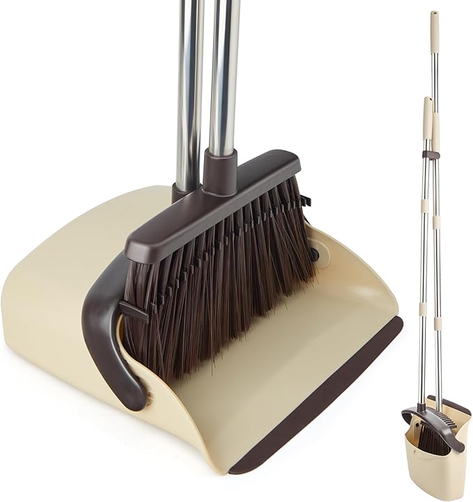 Broom and Dustpan Set Dustpan Combo with 51 Stainless Steel Long Handle Brooms with 5-Layer Soft Bristles for Home Office Kitchen Bathroom(Beige)