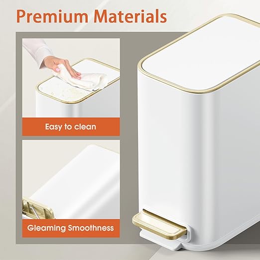Small Bathroom Trash Can with Lid Soft Close 5L / 1.3 Gallon Slim Garbage Can with Removable Inner Bucket Step Stainless Steel Trash Bin for Office Bathrooms Bedroom Living Room (White)