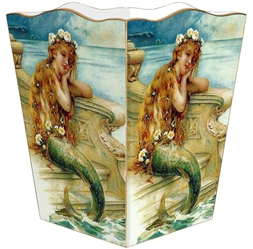 Marye-Kelley Vintage Mermaid Wastebasket Decoupage Wood Scalloped Top Decorative Wastebasket for Kitchen Bathroom Bedroom Living Room Handmade Made in The USA