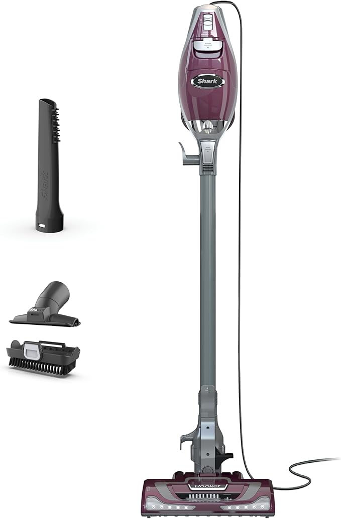 Shark HV322 Rocket Pet Plus Corded Stick Vacuum with LED Headlights XL Dust Cup Lightweight Perfect for Pet Hair Pickup Converts to a Hand Vacuum with (2) Pet Attachments Bordeaux/Silver