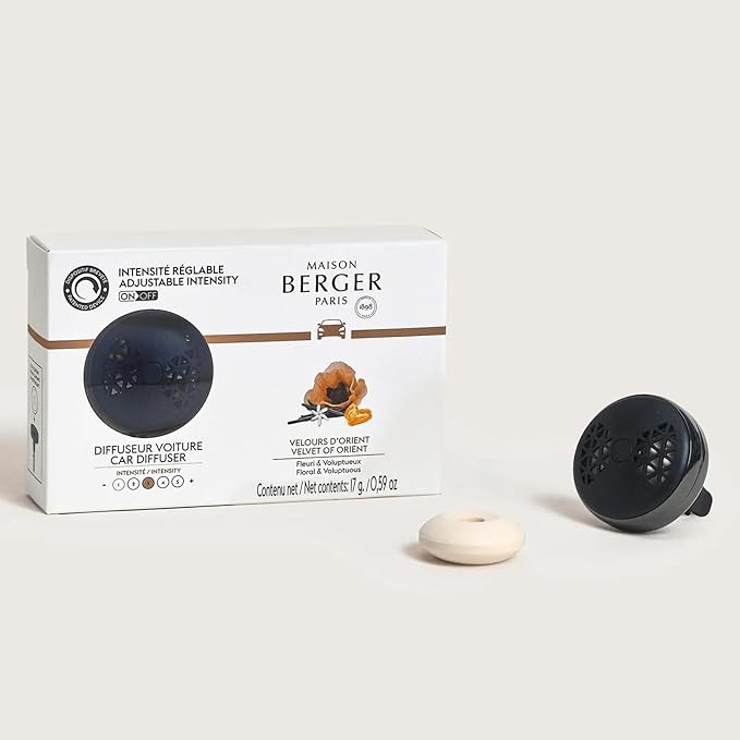 Maison Berger Car Diffuser Set – Refillable Vent Clip Ceramic Refill Made in France - Luxury Auto Scent - 4-Week Diffusion - Elegant Air Freshener for All Car Vents (Velvet of Orient)