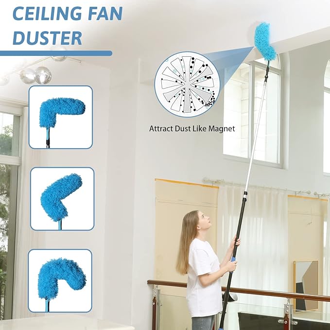 MAYKI 20 Foot High Reach Dusters for Cleaning 5 PCS Ceiling Fan Dusters with Extension Pole Cobweb Duster with Extension Pole for High Ceilings/Fans 2 in 1 Window Squeegee Duster