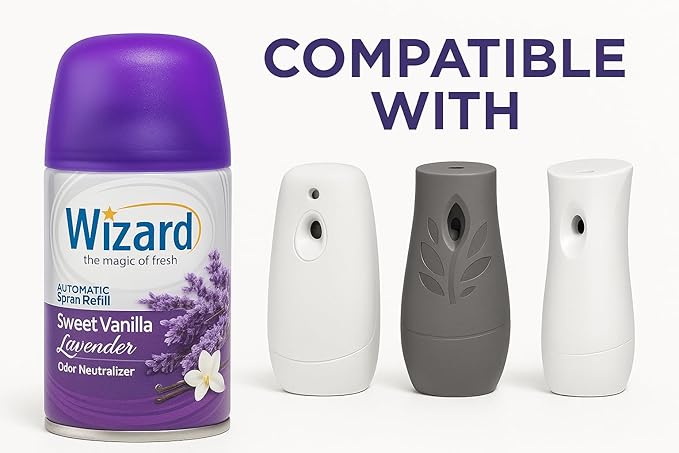 Wizard Automatic Spray Refill – Sweet Vanilla Lavender 5 oz (12 Pack) | Compatible with Air Wick Freshmatic &amp Glade Dispensers | Long Lasting Odor Neutralizer for Home &amp Office
