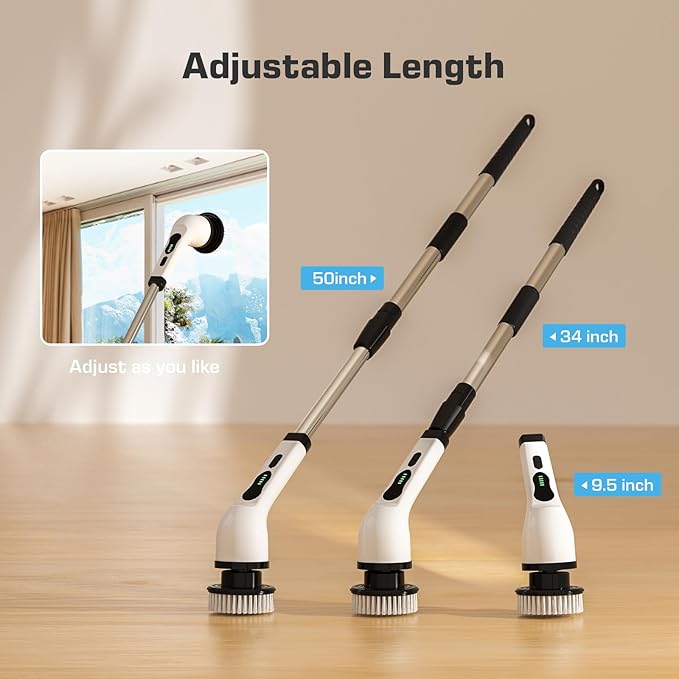 Kingwell Electric Spin Scrubber Cordless Electric Scrubber for Cleaning with 9 Brush Heads 2 Speeds3 Adjustable Handle 90Mins Work Time Shower Scrubber for Bathroom Tub FloorWhite