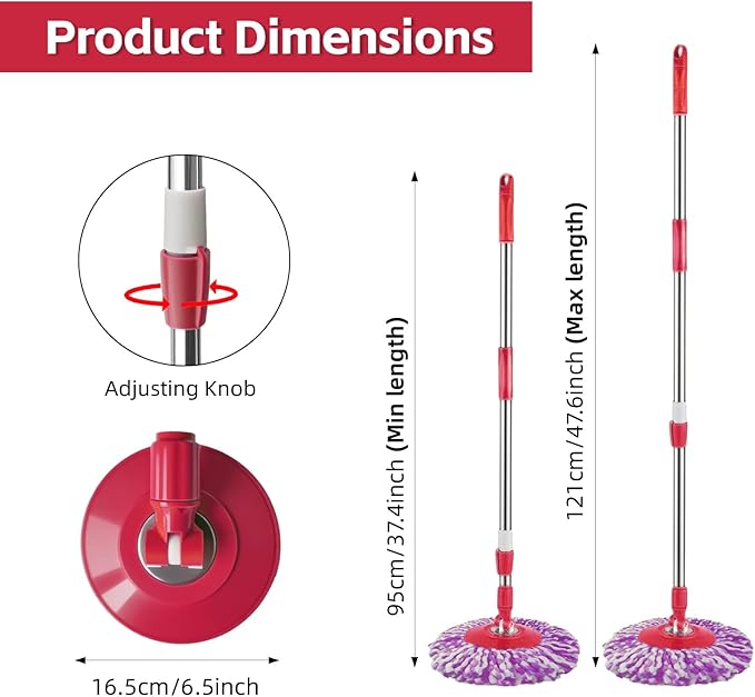 Spin Mop Replacement Handle 47.6-inch 360 Degrees Rotating Telescopic Replacement Mop Stick with Robust Reinforced Plastic Disc for Spin Mop Bucket Cleaning System (Plastic DiscRed)