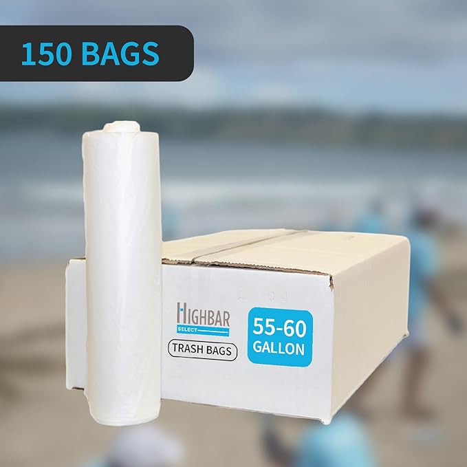 Large Garbage Bag - 55-60 Gallon Capacity Heavy Duty High Density Tear Resistant Unscented Extra Strength for Commercial Industrial Office House Lawn Events Bulk Qty 150 Bags