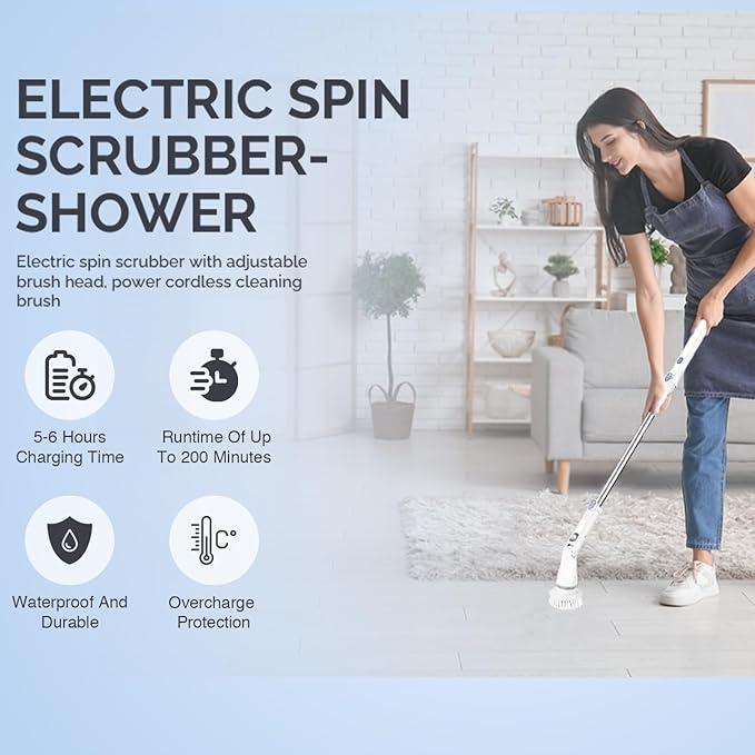 Electric Spin Scrubber - Cordless Cleaning Head with 6 Replaceable Brushes - 90° Rotatable - Ideal for Floor Window Cars - Ivory White