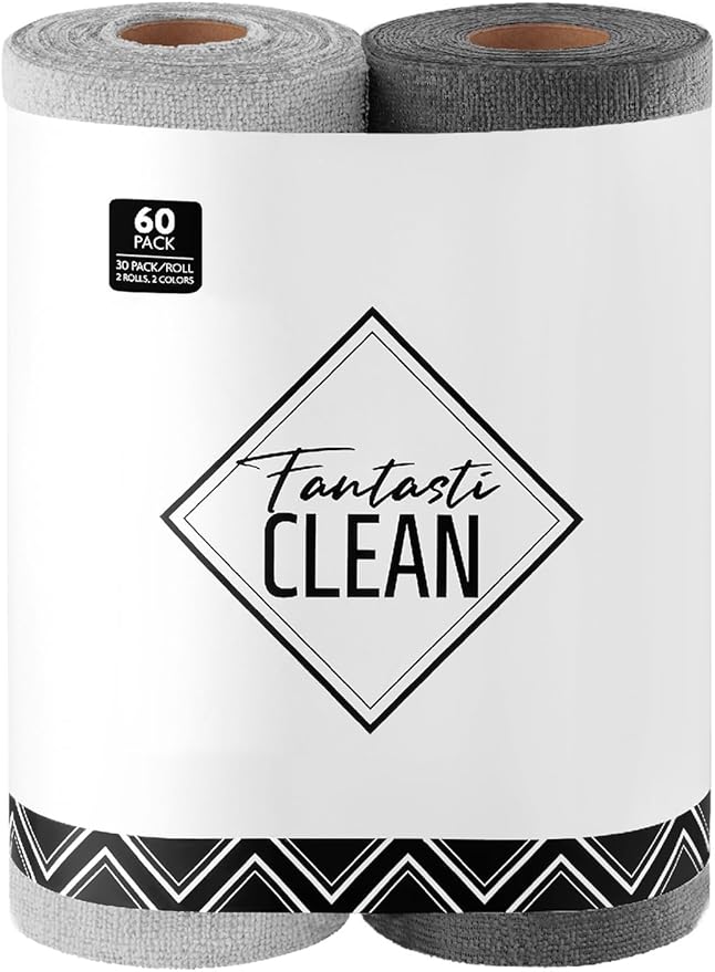 Fantasticlean Microfiber Cleaning Cloth Roll -60 Pack Tear Away Microfiber Towels 12 x 12 Reusable Washable Scratch Free Ultra Absorbent for All-Around Cleaning Supplies (Grey &amp DimGrey)