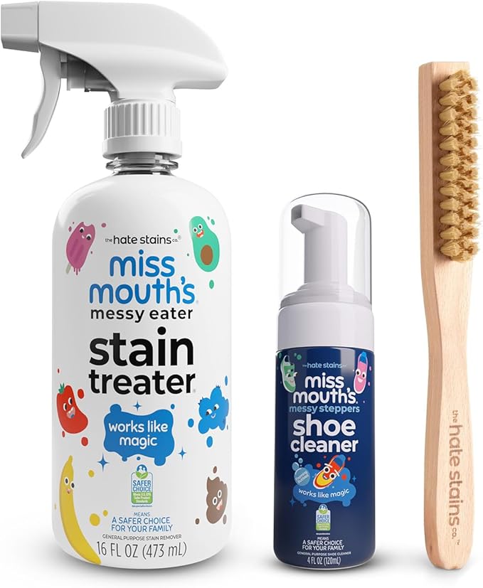 Miss Mouth's Messy Eater Stain Remover &amp Shoe Cleaning Kit - 16oz Spray Messy Steppers Sneaker Cleaner &amp Laundry Brush - Spot Cleaner for Clothes Carpet &amp Shoes