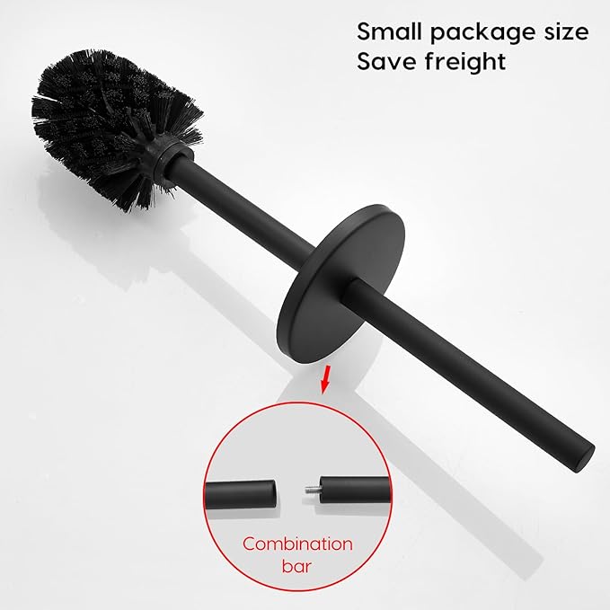 Toilet Bowl Brush and Holder 304 Stainless Steel No-Punch Hook Base Dual Purpose Toilet Brush Holder with Removable Inner Bucket and Splash Cover - Soft Bristles (Black)