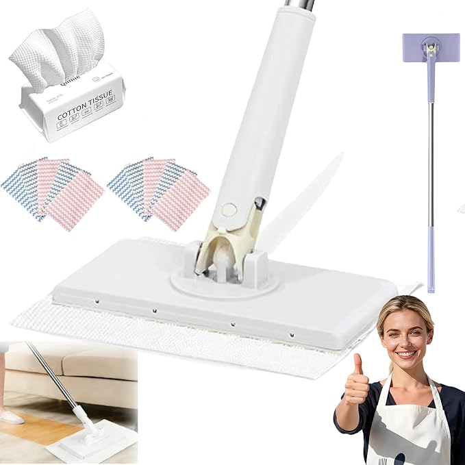 28/36in No Wash Lazy Mop Wet and Dry Snap Grip Mini Mop Zero Touch Mini Mops Convenient Automatic Cloths Changing Mops 360° Dust Mop with Reusable Cloths for Home (White*1+Cloth*10 28in)