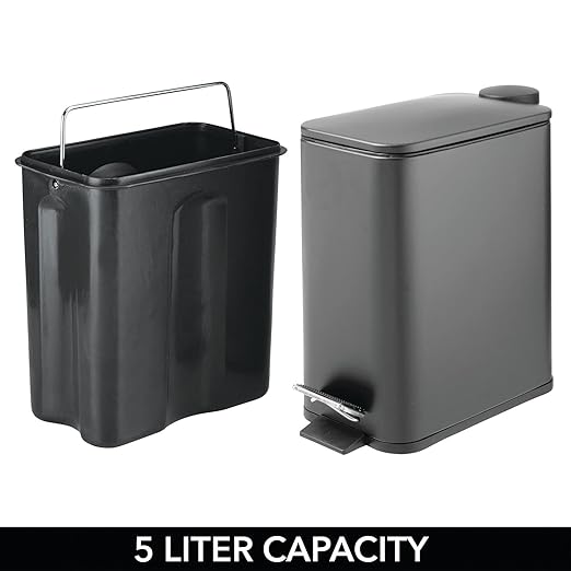 mDesign Rectangular Pedal Bin – 5 L Metal Waste Bin with Pedal Lid and Plastic Bucket Insert – Household Rubbish Bin for Bathroom Kitchen and Office – Dark Grey