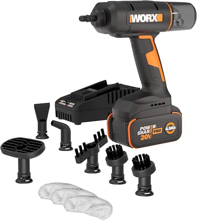 Worx 20V SteamStorm Cordless Handheld Steam Cleaner w/Accessories Steamer for Cleaning 220°F 8-Second Preheat Lightweight Portable Steamer for Home Car – Battery &amp Charger Included