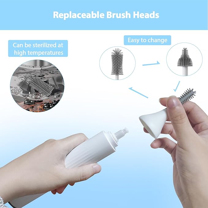 Electric Baby Bottle Brush Set with Rechargeable Electric Bottle Brush Cleaner and Replaceable Silicone Bottle Brushes and Straw Brush Cleaner Waterproof Multi-Purpose Cleaning Brush (White)