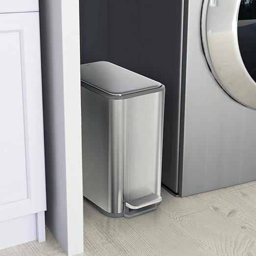 Glad Slim Bathroom Trash Can - Small Garbage Pail with Soft Close Lid &amp Step Foot Pedal | Narrow Stainless Steel Waste Basket with Removable Inner Bucket 2.6 Gallon