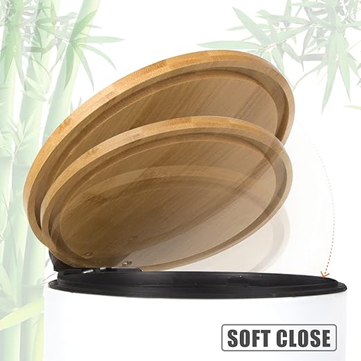 Mini Trash Can with Bamboo Lid Soft Close and Foot Pedal 0.8Gal / 3L Tiny Round Trash Can with Removable Plastic Inner Wastebasket for Bathroom Bedroom Powder Room Office Desk Car Black