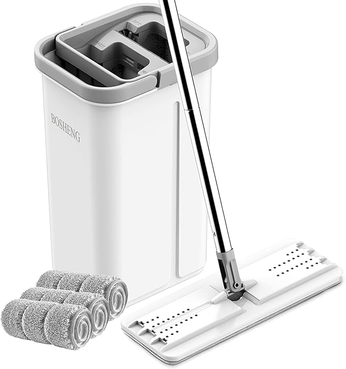 Mop and Bucket with Wringer Set Hands Free Flat Floor Mop and Bucket 3 Washable Microfiber Pads Included Wet and Dry Use Home Floor Cleaning System for All Floor Types and Windows