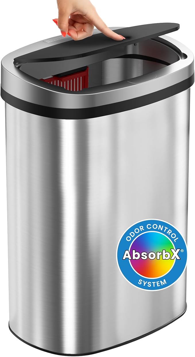 iTouchless Push-Top Lid 13 Gallon Trash Can with Odor Control System – Stainless Steel Garbage Bin Press-Top Soft-Close Spring Lid Fingerprint-Resistant for Kitchen Home Office Restroom Business