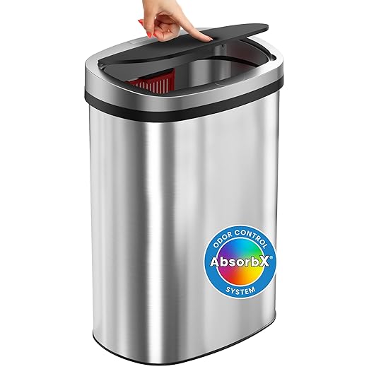iTouchless Push-Top Lid 13 Gallon Trash Can with Odor Control System – Stainless Steel Garbage Bin Press-Top Soft-Close Spring Lid Fingerprint-Resistant for Home Office Kitchen Restroom Business