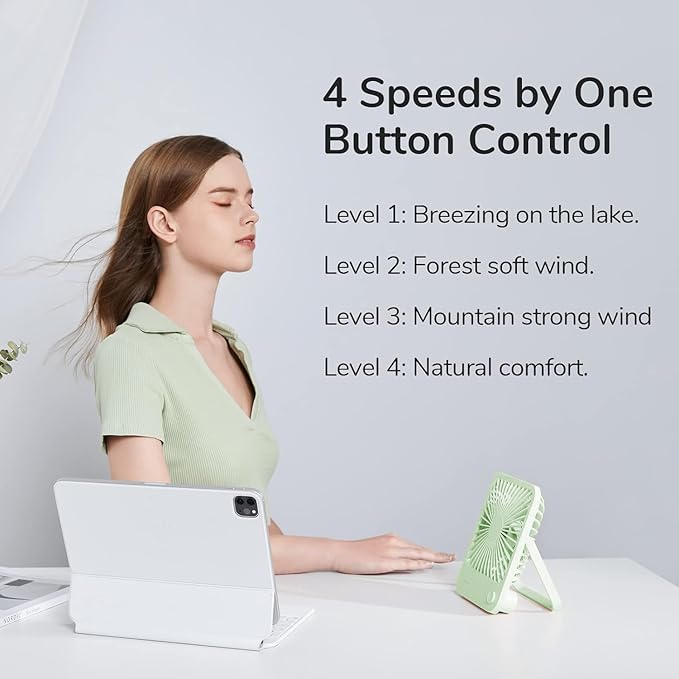 JISULIFE Desk Fan Battery Rechargeable 4500mAh 180°Foldable Portable Personal Fan 4 Speeds Adjustable Long Battery-life for Home Office Travel Outdoor Gifts for Women Men-Green