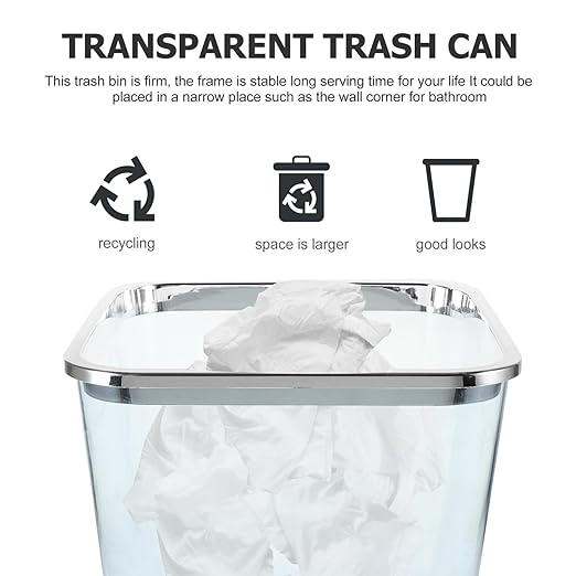 STOBOK Clear Trash Can Square Wastebasket Large Garbage Bin Decorative Rubbish Can Wastepaper Container 1.5L for Home Office Bathroom Bedroom Kitchen