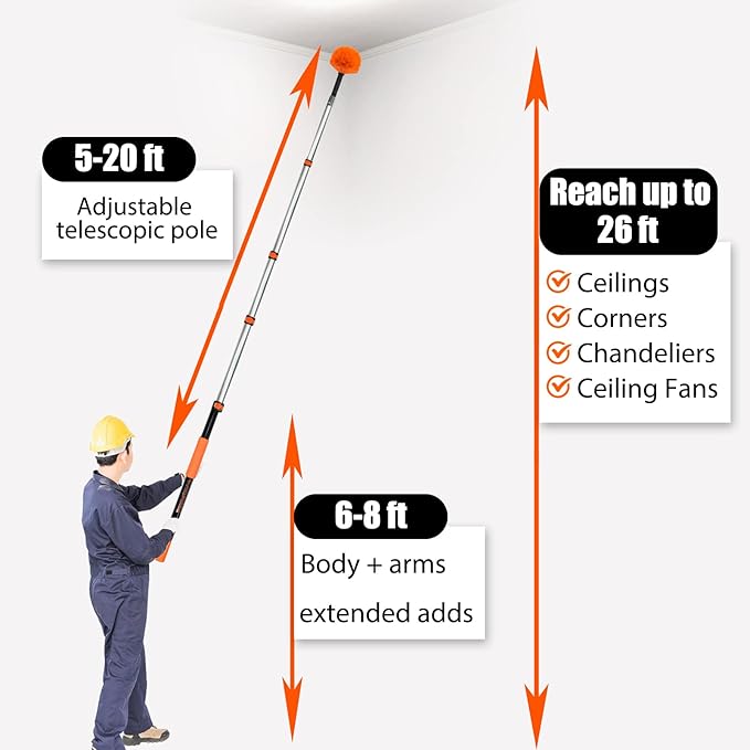 Buyplus 26FT Reach Cobweb Duster Outdoor Spider Web Cleaner Brush with Professional 5-20FT Extension Pole Non-Shedding Fluffy Bristles Suitable for Ceiling and Corner Dusters for Indoor and Outdoor