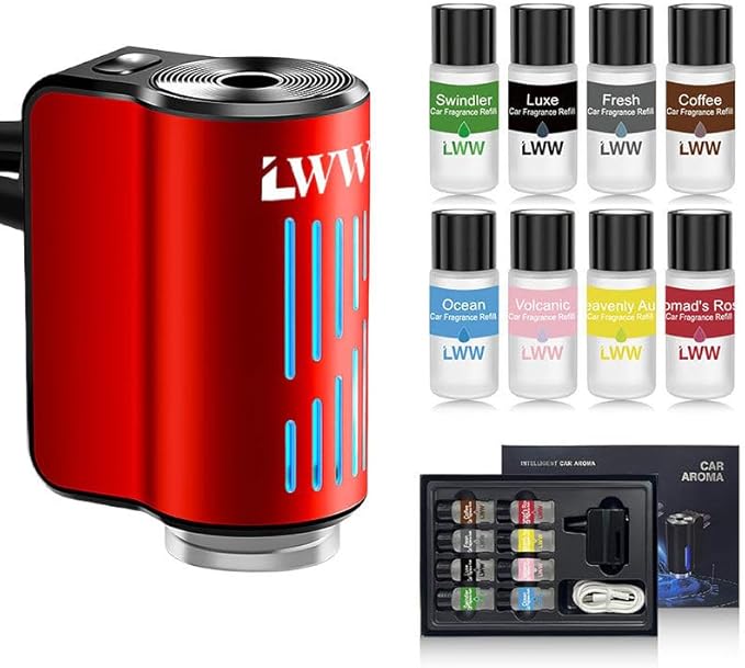 LWW Smart Car Air Freshener Diffuser Rechargeable Car Aroma Diffuser with 3 Spray Modes &amp Color Light Long Lasting Auto Scent Diffuser with 8 Essential Oils for Car Home Office Red