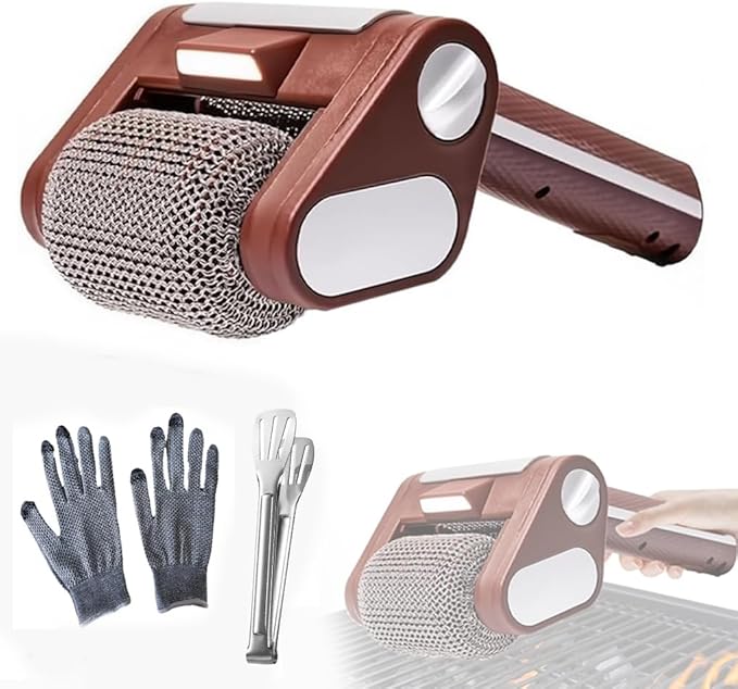 Electric Grill Cleaner Bristle-Free Stainless Steel Power Roller with LED Light Rechargeable BBQ Brush High-Speed 350 RPM Cleaning