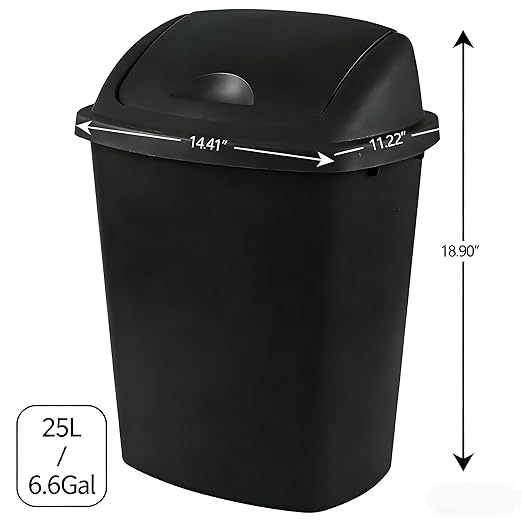 4 Pack Plastic Commercial Trash Can Wastebasket Garbage Container Bin with Swing Top Lid 6.6 Gallon/25 Liter
