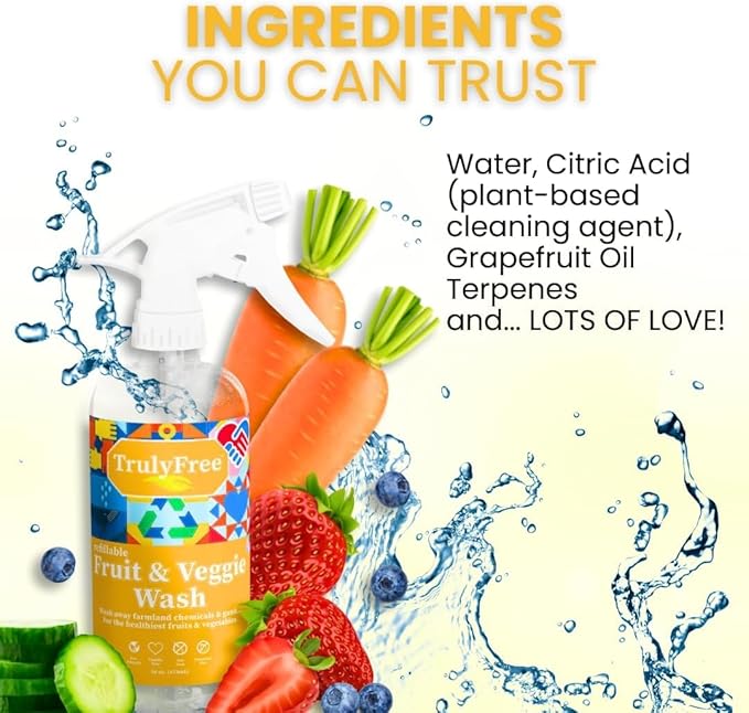 Truly Free Fruit and Vegetable Wash Refills | Veggie Wash Removes 99% Dirt &amp Wax | Plant-Based Produce Cleaner Spray | No Aftertaste Made in USA | Fragrance-Free 16oz (Pack of 3)
