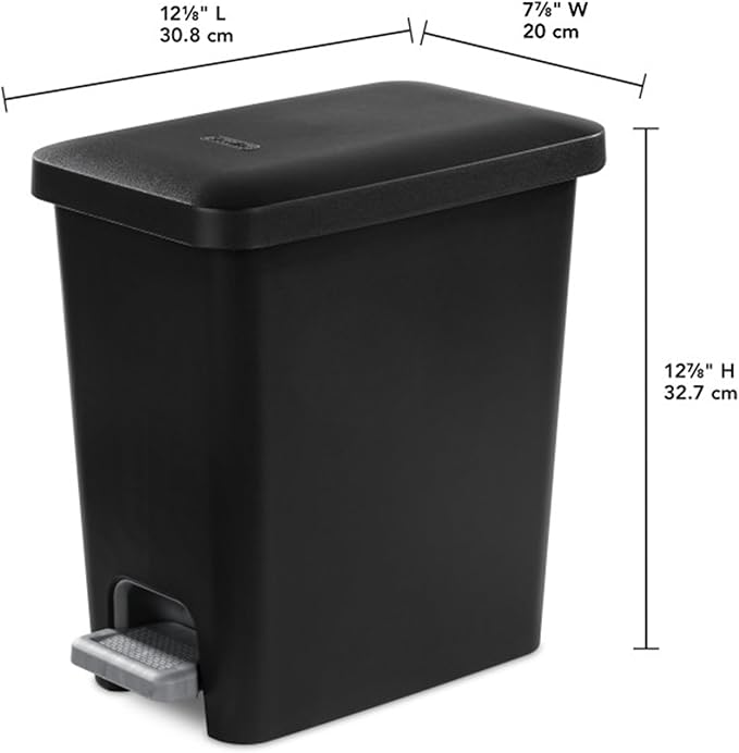 Sterilite 2.7 Gallon Rectangular StepOn Wastebasket with Lid Small Plastic Trash Can for the Bathroom Bedroom or Home Office Pedal and Liner Black 2-Pack