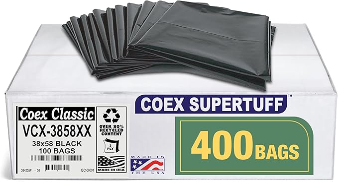 Aluf Plastics - Value COEX 3 Ply Garbage Bags 55-60 Gallon 1.7 Mil (eq) 38x58 Black 400 Count