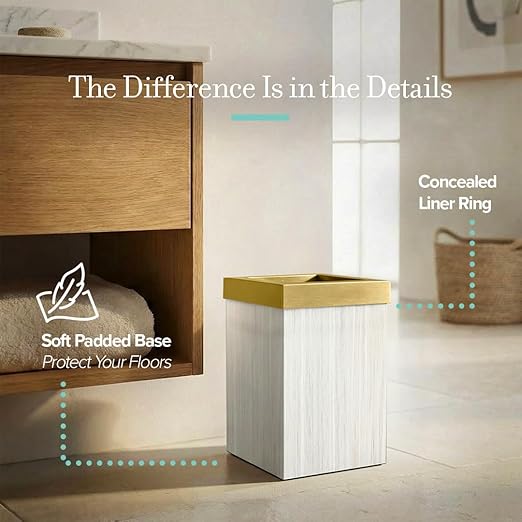 Gatco Small Bathroom Trash Can with Lid Square 3 Gallon Wastebasket Under Sink White Oak with Brushed Brass for Bathroom Bedroom Office (1936B)