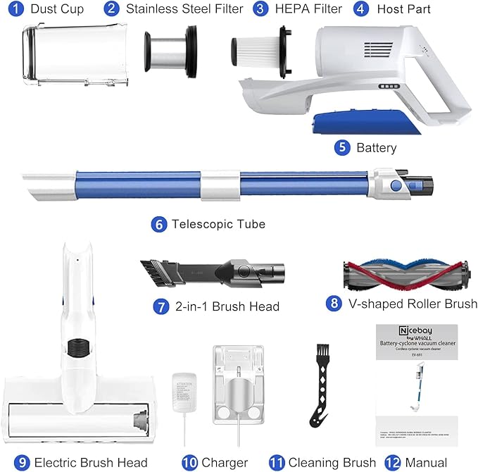 whall Cordless Vacuum Cleaner Upgraded Strong Suction Brushless Motor Cordless Stick Vacuum CleanerLightweight Handheld Vacuum for Home Pet Hair Carpet Hard Floorup to 55mins RuntimeAzure