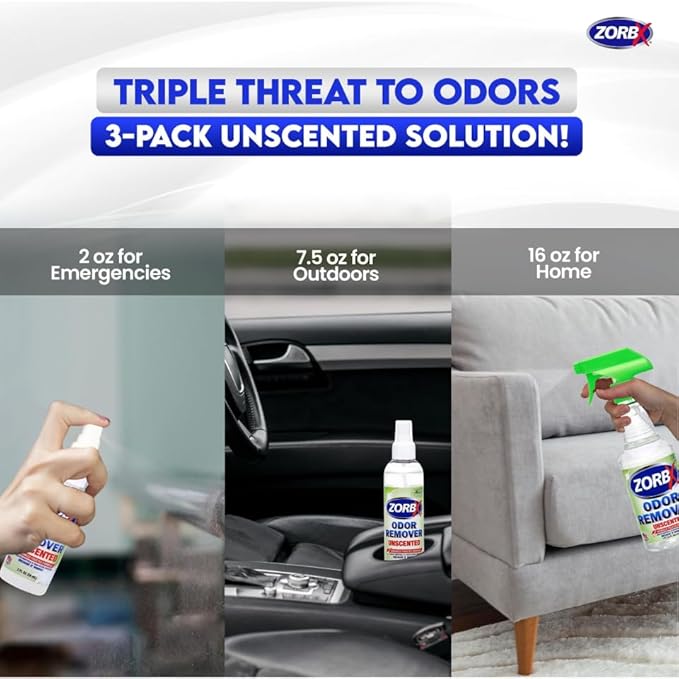ZORBX Unscented Odor Eliminator for Strong Odor 3 items Bundle: 16 Oz + 7.5 Oz + 2 Oz - Used in Hospitals &amp Healthcare Facilities - Fast-Acting Odor Remover Spray for Dog Cat House &amp Carpet