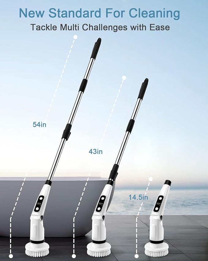 IEZFIX Electric Spin Scrubber Bathroom Power Shower Scrubber Cleaning Brush for Tub/Tile/Floor/Toilet/Kitchen 8 Cleaner Scrub Brush Heads 3 Speeds 450RPM Max Telescopic Rod Black
