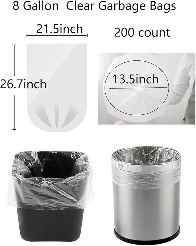 200 Count 8 Gallon Trash Bags Clear Medium Garbage Bags 1.1 mil Strong Leakage-FreeUnscented 30 Liter Thick for Bathroom Office Kitchen Waste Basket Trash Can (Clear 8 Gallon-200 Count)