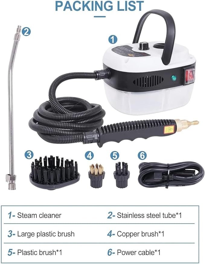 Portable Handheld Steam Cleaner High Temperature Pressurized Steam Cleaning Machine with 3 Brush Heads Suitable for Kitchen Furniture Bathroom CarWhite