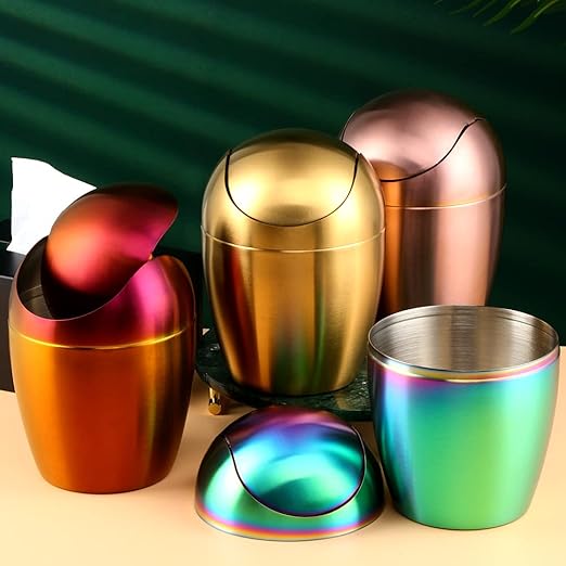 Mini Desktop Trash Can with Swing Lid 18/10 Stainless Steel Counter Top Garbage Bin Egg Shaped Metal Waste Bin (Orange Red 0.4 Gallon)