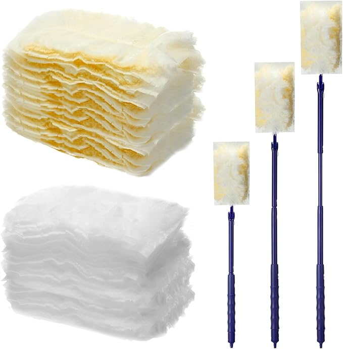 Maxcheck 180 Pcs 180° Disposable Dusters Refills Thickened Degree Heavy Duty Dusters Replacement Head with 3 Handles for Furniture Ceiling Cleaning(White Orange)