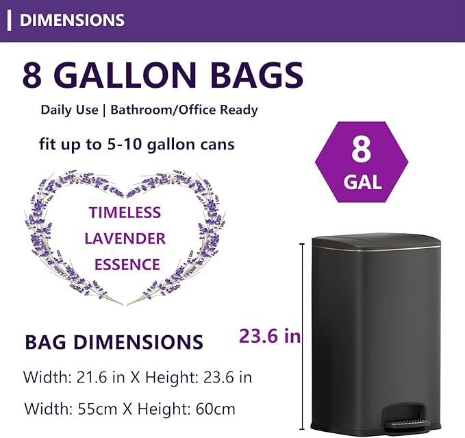 8 Gallon White Trash Bags with Lavender Scent 100 Count 6-8 Gallon Cans Odor Control &amp Tear Resistant for Kitchen Bathroom Office Waste
