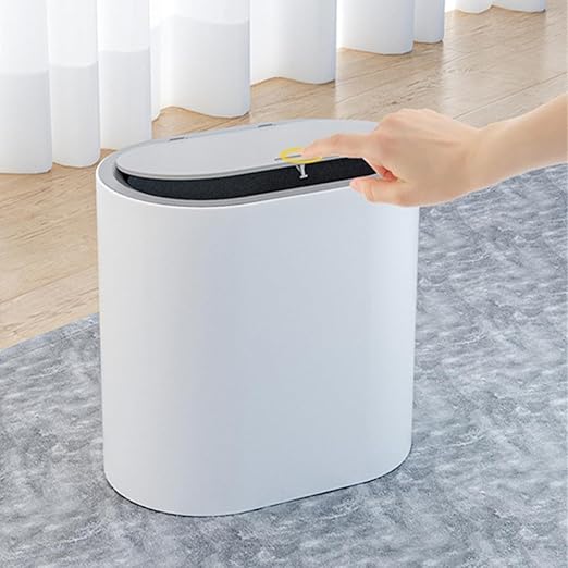8l Large Capacity Trash Can with Press Lid Grey-White Plastic Wastebasket for Bathroom Kitchen Bedroom Narrow Space Use