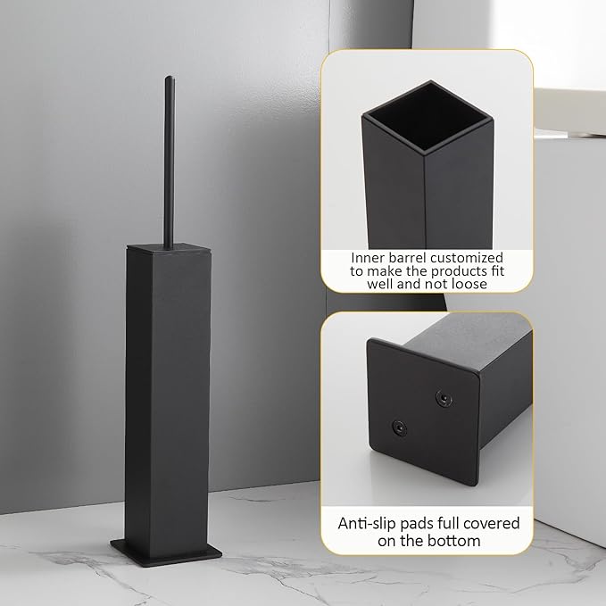 Toilet Brush and Holder Floor Standing Black with 2 Replaceable Heads Bathroom Toilet Brush Freestanding Toilet Bowl Brush with Removable Liner and Splash Guard Modern Square Design