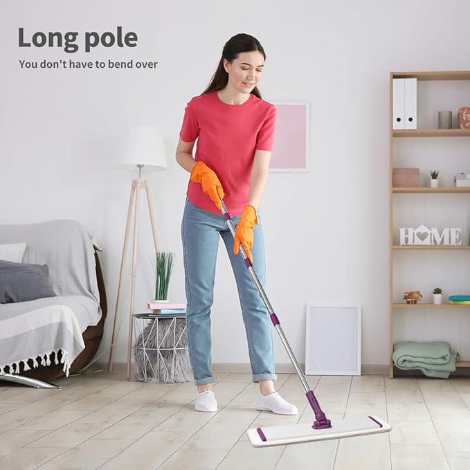 CQT Commercial Flat Microfiber Floor Mop Cleaning System 18 Inch Wet Dry and Dust Hardwood with 4 Washable Pads Cleaner for Laminate Tile Stainless Steel Handle and Extension (PT13-WET)