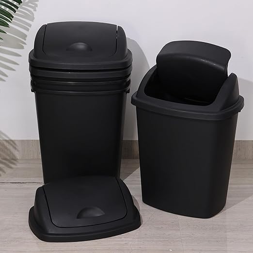 Yuright 40 L / 10 Gallon Swing Lid Trash Bins 4 Pack Large Plastic Garbage Cans Black