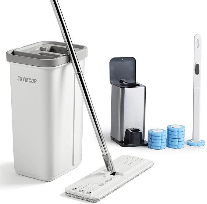 JOYMOOP White Flat Mop &amp Bucket with 1 Microfiber Pad 12 Disposable Toilet Brushes Stainless Steel Toilet Brush and Holder Set Multi-Functional Cleaner for Floors Windows and Toilets