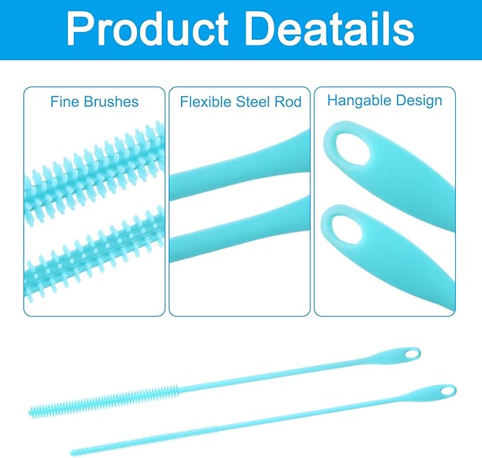 2 Pcs Silicone Straw Brush 9.4 Inch Bottle Straw Brushes Blue (6mm+8mm)