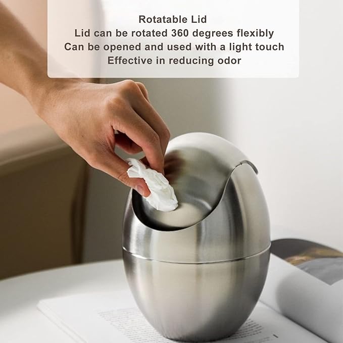 Tyenaza Mini Trash Can Egg-Shaped Stainless Steel Countertop Garbage Bin Mini Desk Can with Swing Lid for Office Desk Coffee Table Vanity Tabletop Bedroom