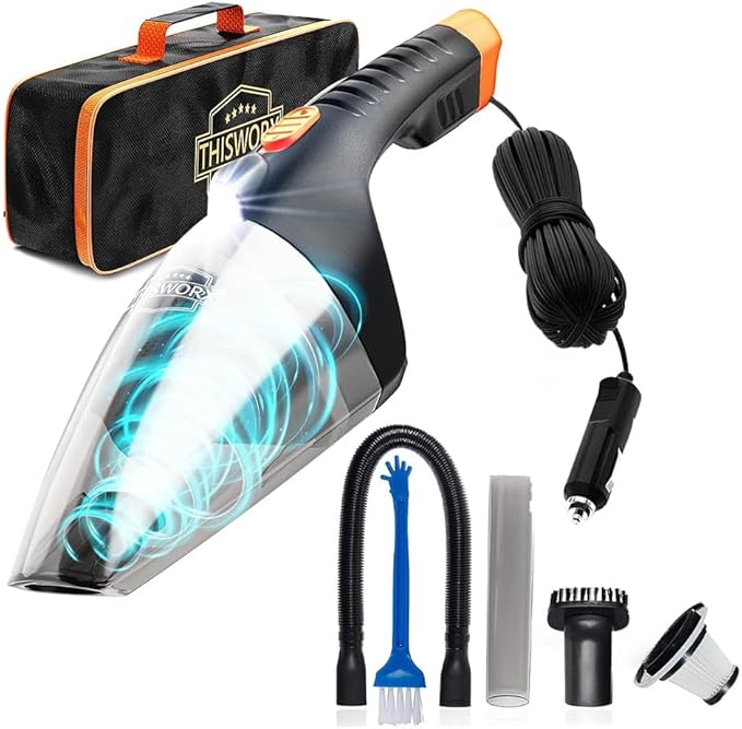 ThisWorx Car Vacuum Cleaner 2.0 Portable Handheld Mini Vacuums Cleaner W/ 16ft Cord LED Light Bag &amp Attachments- Small Vac for RV Boats Travel Car Accessories Lightweight